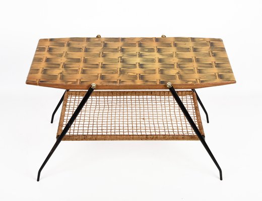 Mid-Century Italian Wood and Metal Coffee Table with Brass Magazine Rack, 1950s-JDR-1125867