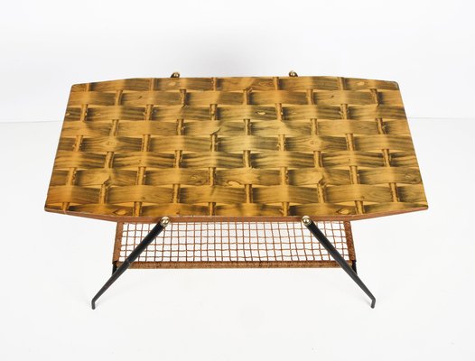 Mid-Century Italian Wood and Metal Coffee Table with Brass Magazine Rack, 1950s-JDR-1125867