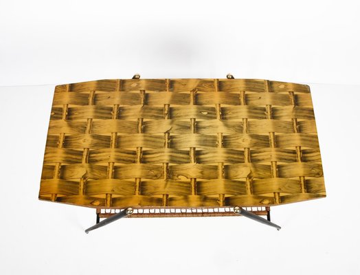 Mid-Century Italian Wood and Metal Coffee Table with Brass Magazine Rack, 1950s-JDR-1125867