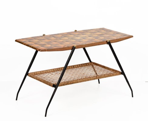 Mid-Century Italian Wood and Metal Coffee Table with Brass Magazine Rack, 1950s-JDR-1125867