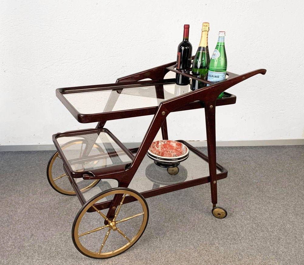 Mid-Century Italian Wood Bar Cart by Cesare Lacca, 1950s