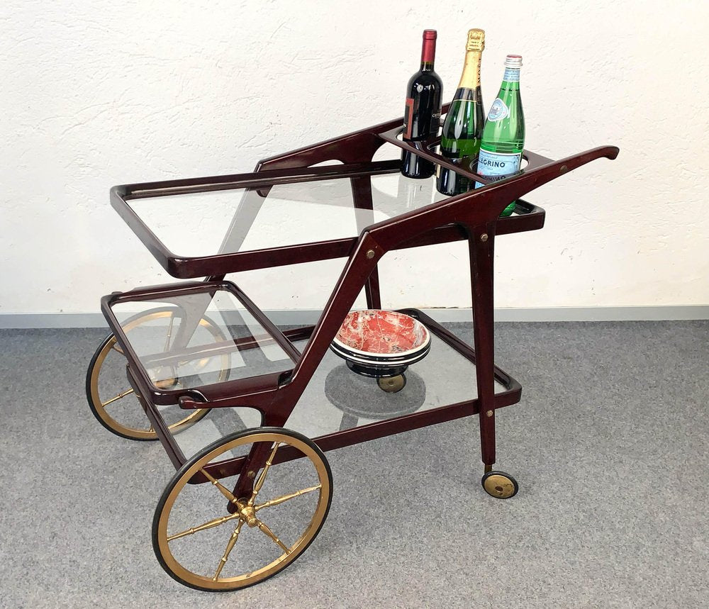 Mid-Century Italian Wood Bar Cart by Cesare Lacca, 1950s