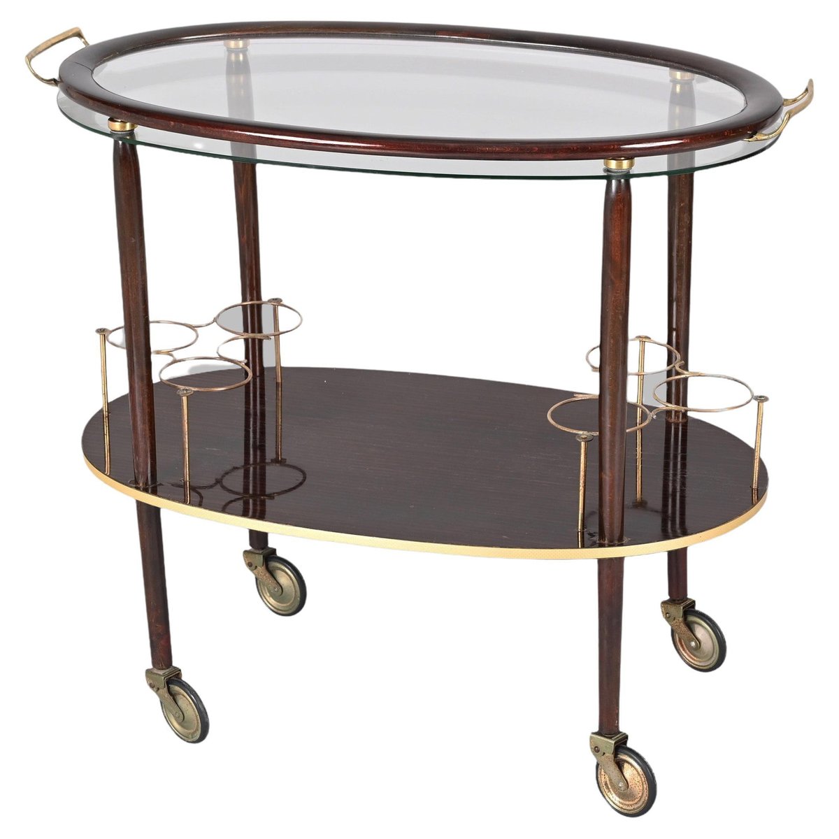 Mid-Century Italian Wood Bar Cart with Glass Serving Tray by Cesare Lacca, 1950s