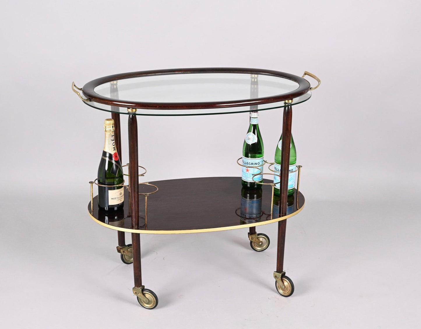 Mid-Century Italian Wood Bar Cart with Glass Serving Tray by Cesare Lacca, 1950s