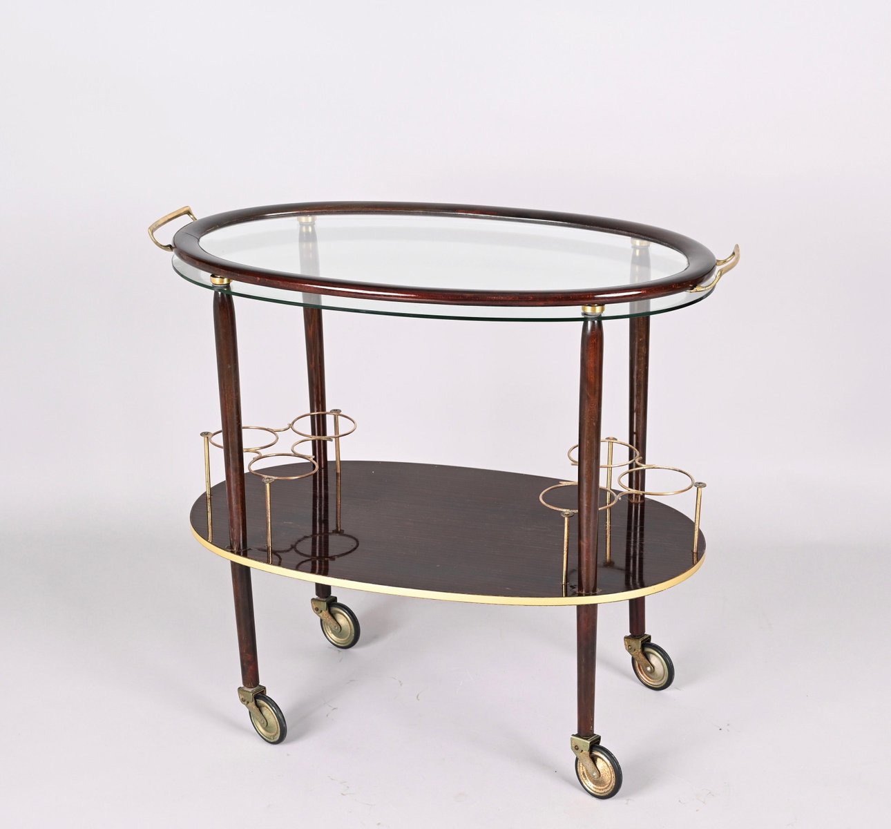 Mid-Century Italian Wood Bar Cart with Glass Serving Tray by Cesare Lacca, 1950s