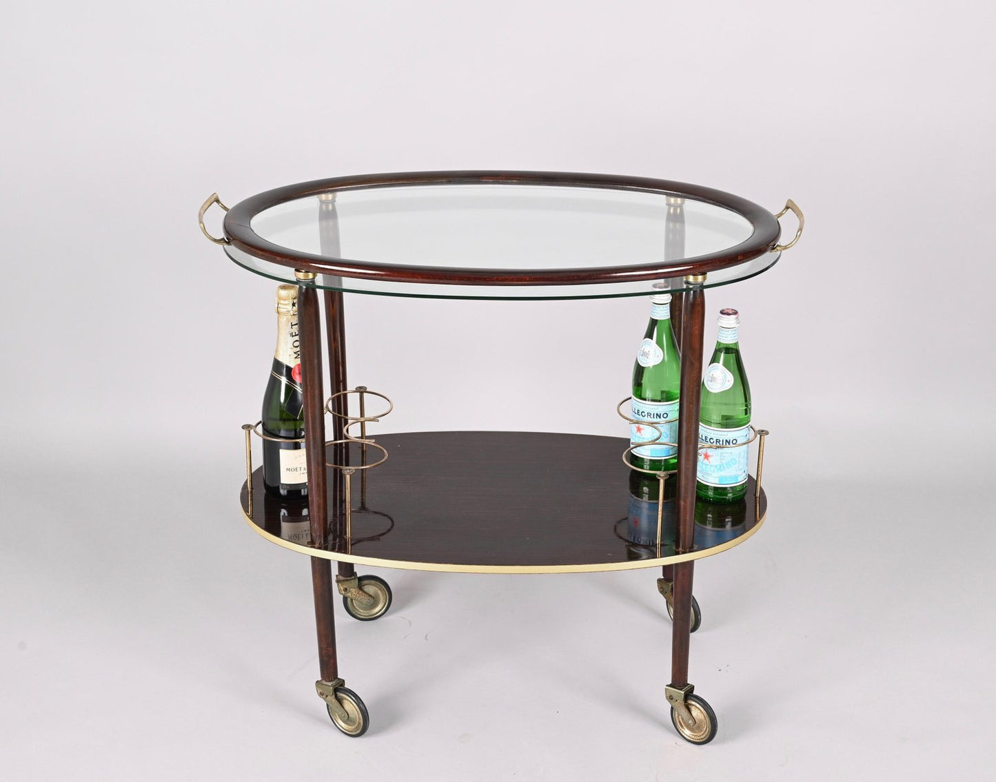 Mid-Century Italian Wood Bar Cart with Glass Serving Tray by Cesare Lacca, 1950s