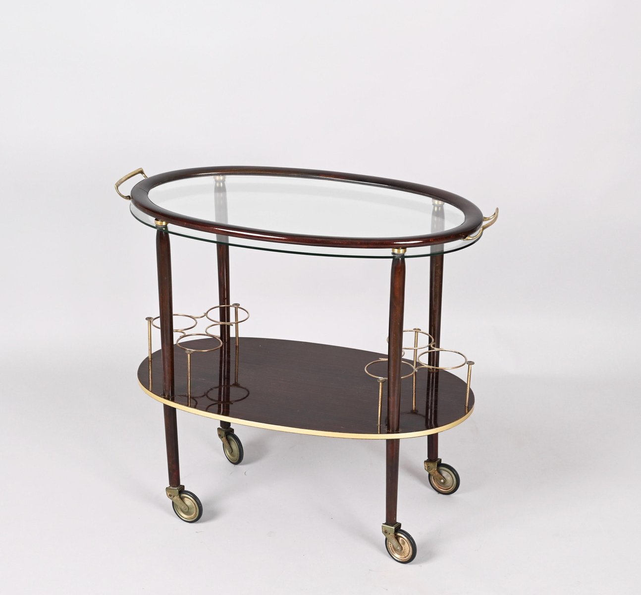 Mid-Century Italian Wood Bar Cart with Glass Serving Tray by Cesare Lacca, 1950s