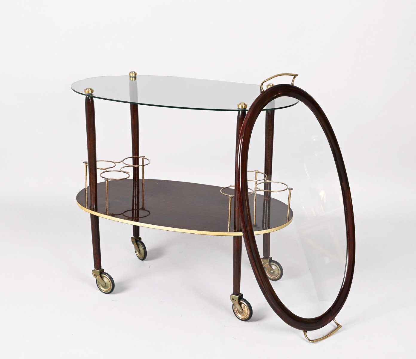 Mid-Century Italian Wood Bar Cart with Glass Serving Tray by Cesare Lacca, 1950s