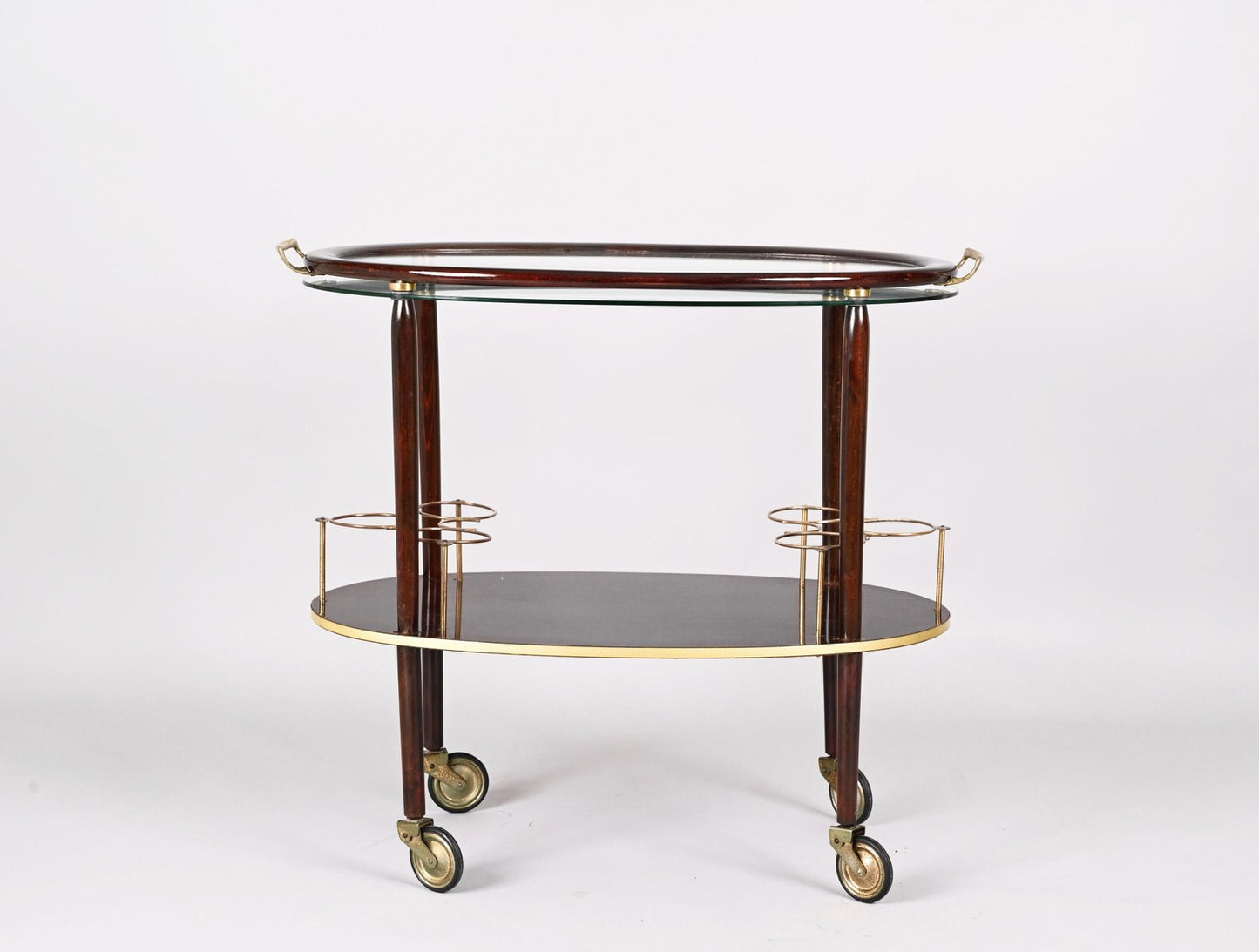 Mid-Century Italian Wood Bar Cart with Glass Serving Tray by Cesare Lacca, 1950s