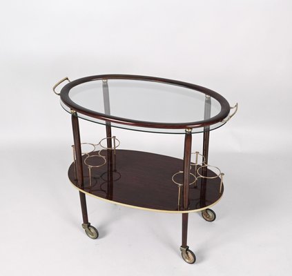 Mid-Century Italian Wood Bar Cart with Glass Serving Tray by Cesare Lacca, 1950s-JDR-1317491