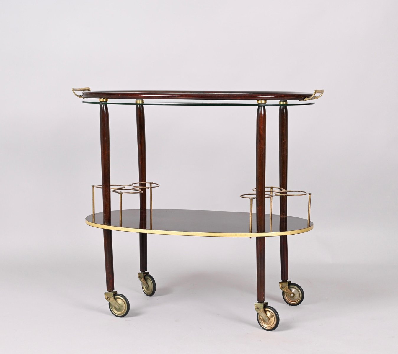 Mid-Century Italian Wood Bar Cart with Glass Serving Tray by Cesare Lacca, 1950s