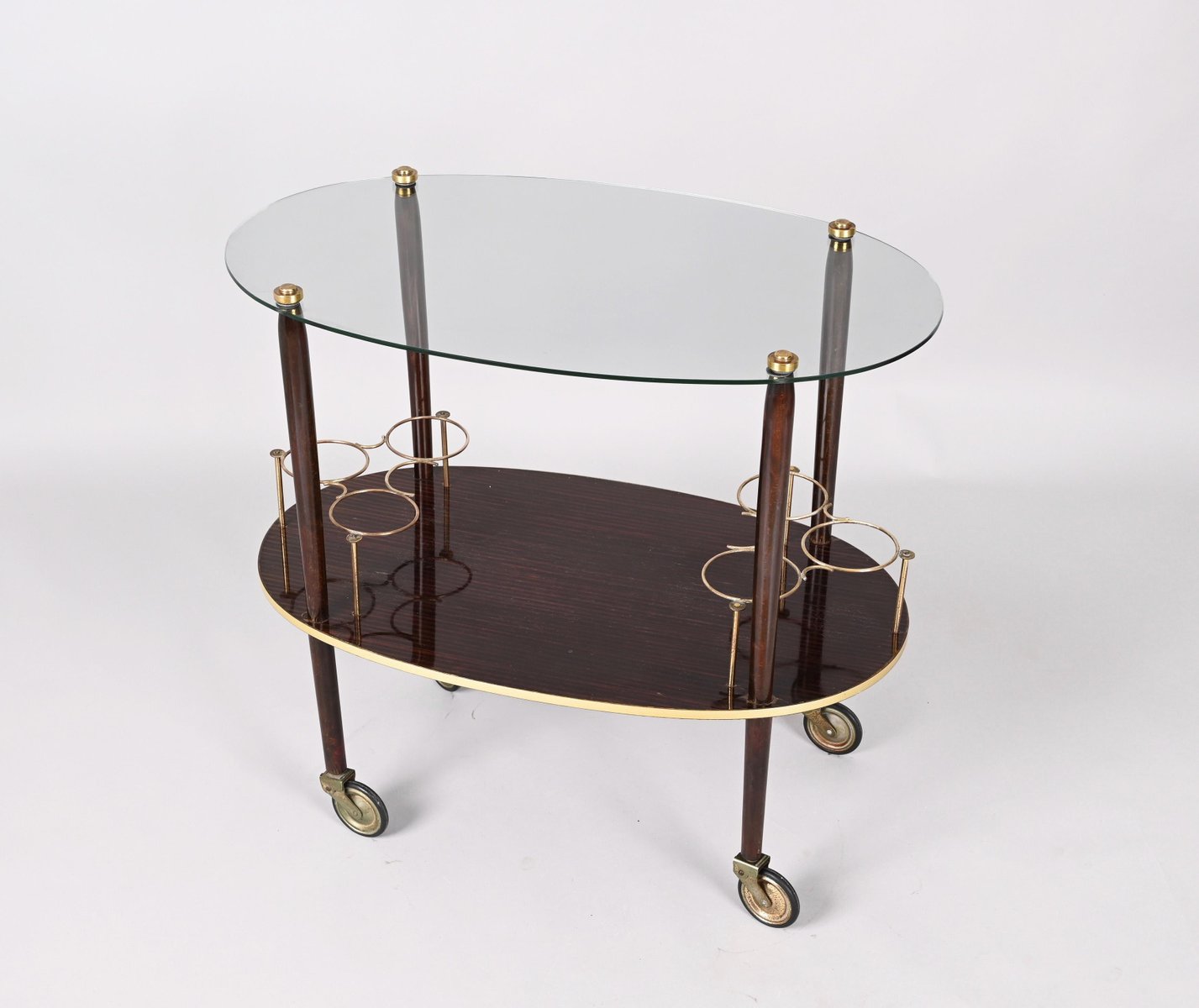 Mid-Century Italian Wood Bar Cart with Glass Serving Tray by Cesare Lacca, 1950s