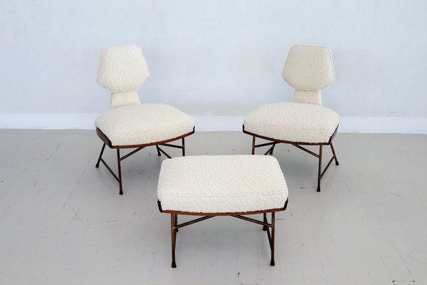 Mid-Century Italian Wood & Bouclé Slipper Chairs & Footstool, 1950, Set of 3-VNE-1187997