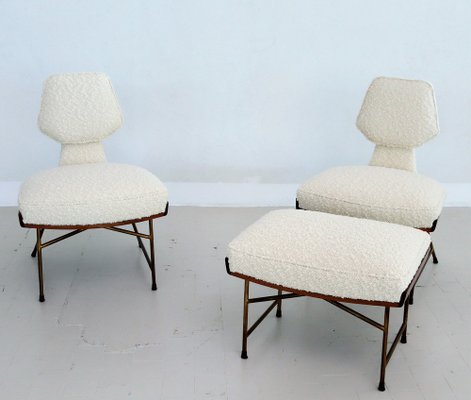 Mid-Century Italian Wood & Bouclé Slipper Chairs & Footstool, 1950, Set of 3-VNE-1187997