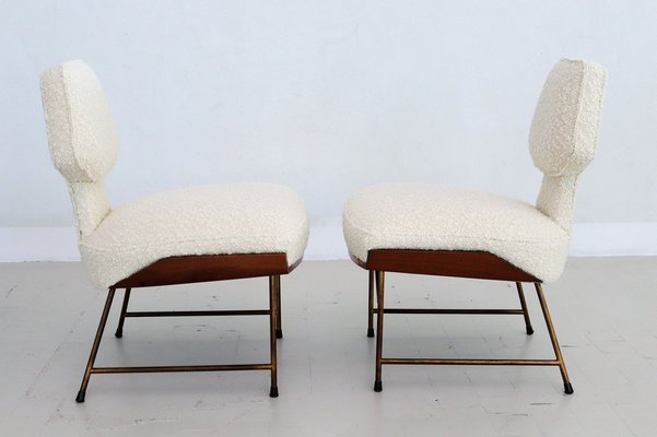 Mid-Century Italian Wood & Bouclé Slipper Chairs & Footstool, 1950, Set of 3-VNE-1187997