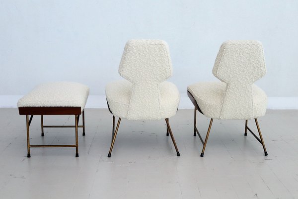 Mid-Century Italian Wood & Bouclé Slipper Chairs & Footstool, 1950, Set of 3-VNE-1187997