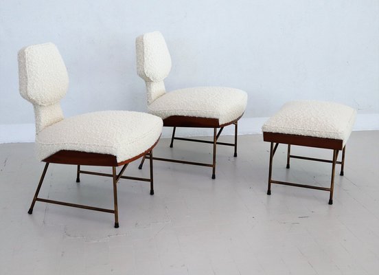 Mid-Century Italian Wood & Bouclé Slipper Chairs & Footstool, 1950, Set of 3-VNE-1187997