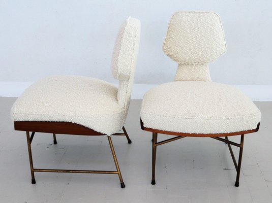 Mid-Century Italian Wood & Bouclé Slipper Chairs & Footstool, 1950, Set of 3-VNE-1187997