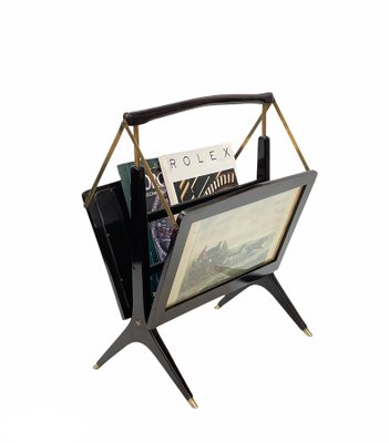 Mid-Century Italian Wood & Brass Foldable Magazine Rack by Cesare Lacca for Arredoluce, 1950s-JDR-1125587