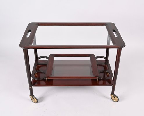 Mid-Century Italian Wooden Bar Cart with Glass Serving Trays Attributed to Cesare Lacca, 1950s-JDR-1318398