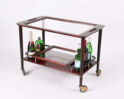 Mid-Century Italian Wooden Bar Cart with Glass Serving Trays Attributed to Cesare Lacca, 1950s-JDR-1318398