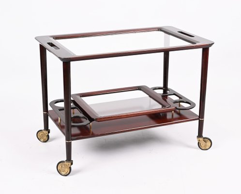 Mid-Century Italian Wooden Bar Cart with Glass Serving Trays Attributed to Cesare Lacca, 1950s-JDR-1318398