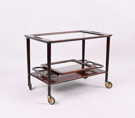 Mid-Century Italian Wooden Bar Cart with Glass Serving Trays Attributed to Cesare Lacca, 1950s-JDR-1318398