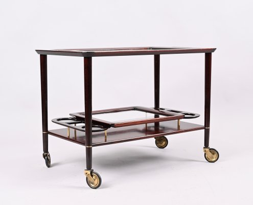 Mid-Century Italian Wooden Bar Cart with Glass Serving Trays Attributed to Cesare Lacca, 1950s-JDR-1318398