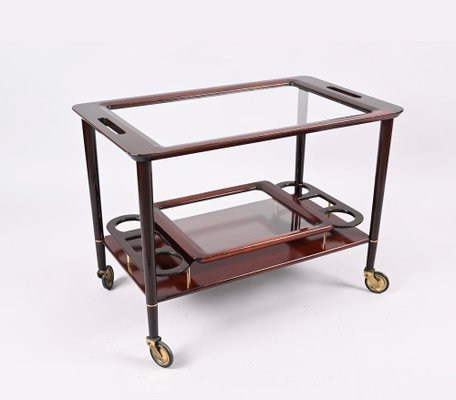 Mid-Century Italian Wooden Bar Cart with Glass Serving Trays Attributed to Cesare Lacca, 1950s-JDR-1318398