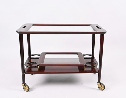 Mid-Century Italian Wooden Bar Cart with Glass Serving Trays Attributed to Cesare Lacca, 1950s-JDR-1318398