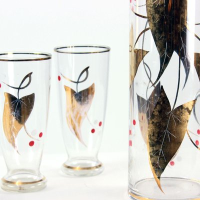 Mid-Century Jar & Glasses Set with Gold Details, Czechoslovakia, 1960s, Set of 5-UL-753654