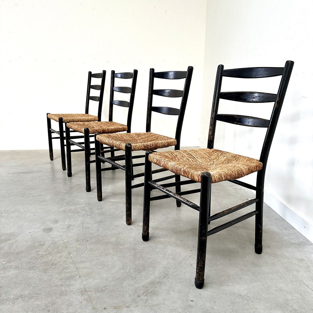 Mid-Century Ladder Back Dining Chairs with Wicker Seats, 1950s, Set of 4