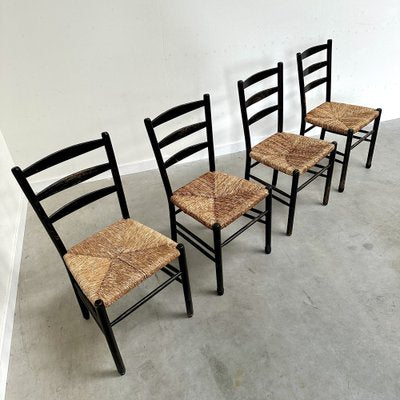 Mid-Century Ladder Back Dining Chairs with Wicker Seats, 1950s, Set of 4-NDL-1816405