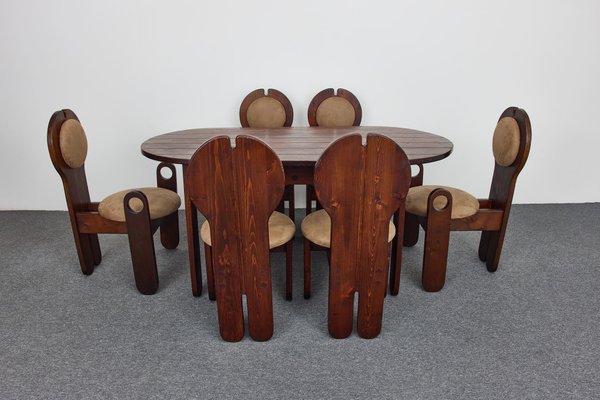 Mid-Century Larch Dining Chairs Set & Oval Table by Maria Szedleczky, Hungary, 1977, Set of 7-XCG-2010140