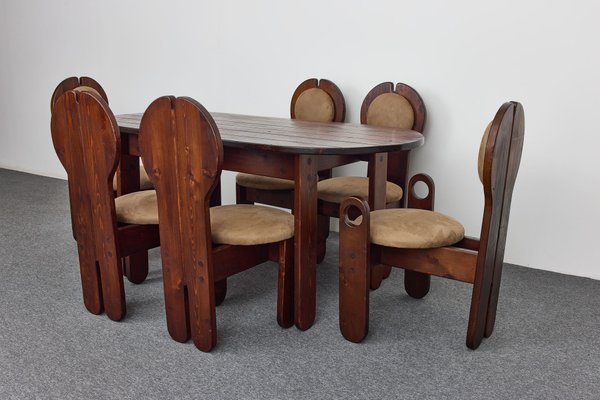 Mid-Century Larch Dining Chairs Set & Oval Table by Maria Szedleczky, Hungary, 1977, Set of 7-XCG-2010140