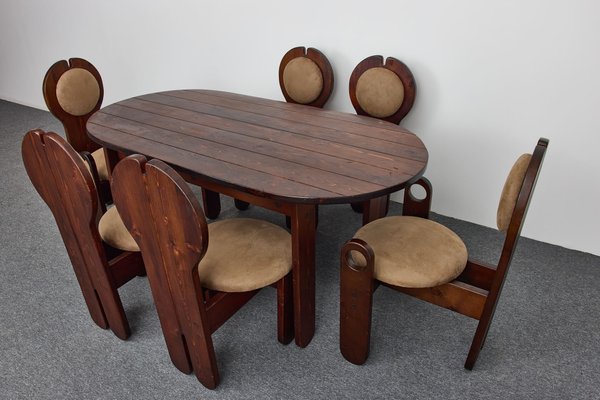 Mid-Century Larch Dining Chairs Set & Oval Table by Maria Szedleczky, Hungary, 1977, Set of 7-XCG-2010140