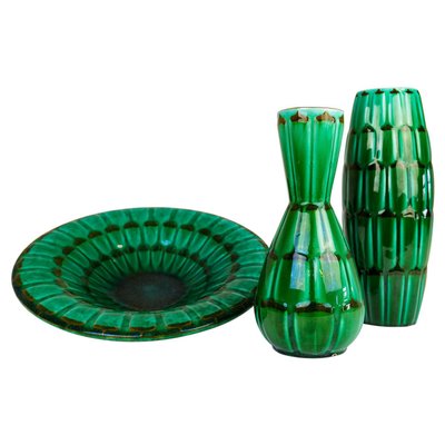 Mid-Century Large Green Ceramic Vases and Platter or Bowl from Upsala Ekeby, 1950s, Set of 3-UYK-968361