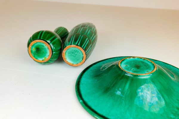 Mid-Century Large Green Ceramic Vases and Platter or Bowl from Upsala Ekeby, 1950s, Set of 3-UYK-968361