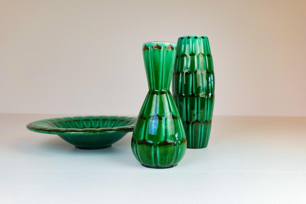 Mid-Century Large Green Ceramic Vases and Platter or Bowl from Upsala Ekeby, 1950s, Set of 3-UYK-968361