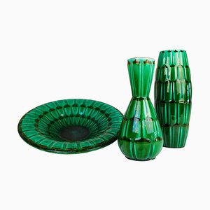 Mid-Century Large Green Ceramic Vases and Platter or Bowl from Upsala Ekeby, 1950s, Set of 3-UYK-968361