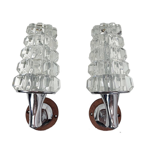 Mid-Century Lead Crystal Glass and Nickel Wall Sconces, 1960s, Set of 2