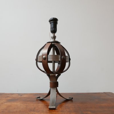 Mid-Century Leather and Iron Table Lamp by Jean-Pierre Ryckaert-JRP-953433