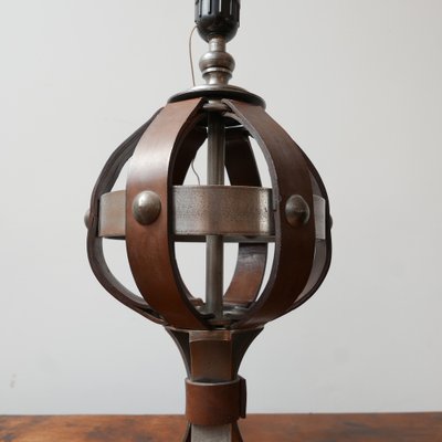 Mid-Century Leather and Iron Table Lamp by Jean-Pierre Ryckaert-JRP-953433