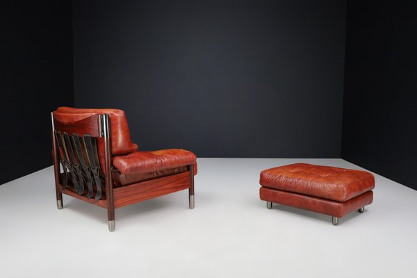 Mid-Century Leather Lounge Chair and Ottoman by Carlo de Carli, Italy, 1970s, Set of 2-TRW-1752856