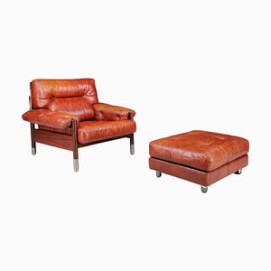 Mid-Century Leather Lounge Chair and Ottoman by Carlo de Carli, Italy, 1970s, Set of 2-TRW-1752856