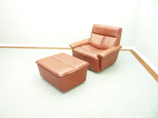 Mid-Century Leather Lounge Chair & Footstool, 1970s, Set of 2-UG-1172010