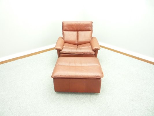 Mid-Century Leather Lounge Chair & Footstool, 1970s, Set of 2-UG-1172010