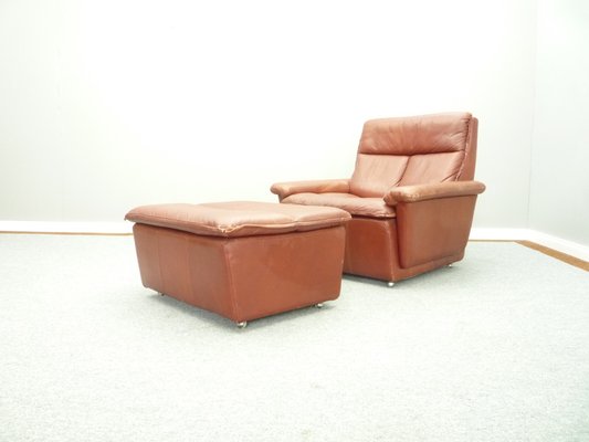 Mid-Century Leather Lounge Chair & Footstool, 1970s, Set of 2-UG-1172010