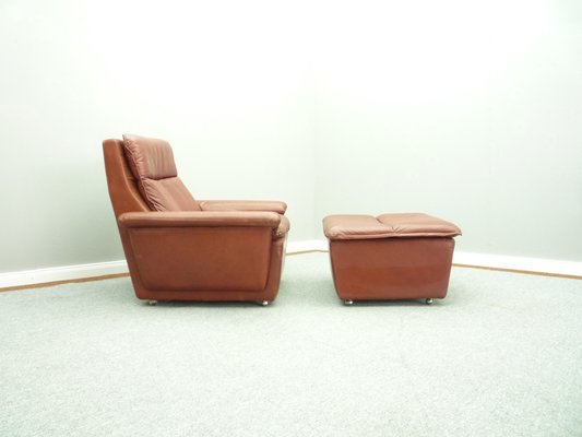 Mid-Century Leather Lounge Chair & Footstool, 1970s, Set of 2-UG-1172010