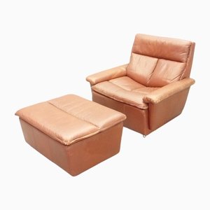 Mid-Century Leather Lounge Chair & Footstool, 1970s, Set of 2-UG-1172010